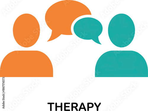 Two orange and teal silhouette people with speech bubbles vector illustration