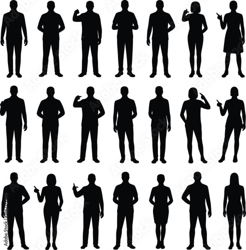Human silhouettes, standing people, male and female figures, body gesture poses, pointing hand illustration, casual person icons, crowd concept, black shadow artwork