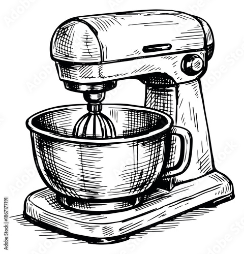 Hand drawn line art illustration of a stand mixer depicting a kitchen appliance for home baking