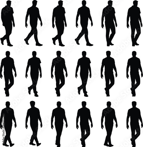 Walking, male, silhouettes, collection, group, of, men, in, motion, black, isolated, modern, human, figures, casual, people, posture, movement, vector, illustration