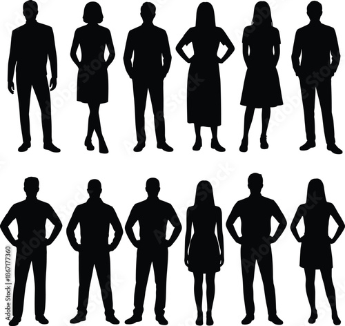 Business, people, silhouettes, team, group, male, female, professionals, standing, confident, office, workforce, leadership, teamwork, corporate, figure, diversity, modern, company, concept