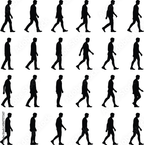 Walking man silhouettes set showing multiple side view poses human body movement isolated black vector illustration on white background design