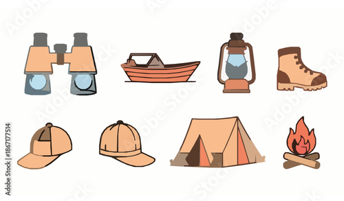 Camping and hiking outline icon set with outdoor gear symbols