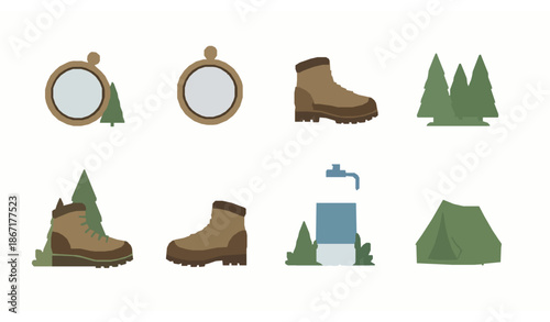 3D camping and hiking vector icon set with base camp equipment