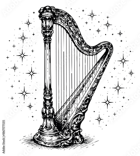 Hand drawn line art illustration of a harp depicting an ornate musical instrument for elegant and magical designs