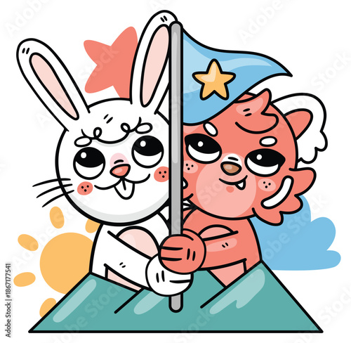 Friendship and Triumph: A charming illustration depicts a triumphant moment, where a cuddly bear and a playful bunny join forces to plant a flag on a mountain peak.