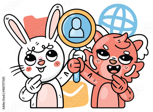 Cartoon Character Searching: Two cartoon characters representing a rabbit and a tiger are engaged in a search, one holding up a magnifying glass with a person icon.