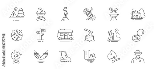 Camping and hiking set of icons in line style. Outdoor activities concept. Summer camp linear symbols collection