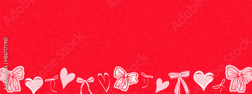 Valentine bg with red grain textured surface, cute heart, coquette bows border. Whimsical frame with copy space for greeting card, banner, invitation, social media posts, poster, birthday, wedding.