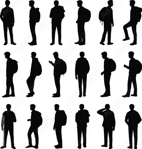 Male, student, silhouettes, with, backpack, collection, of, young, men, standing, walking, casual, modern, people, isolated, black, human, figures, travel, concept