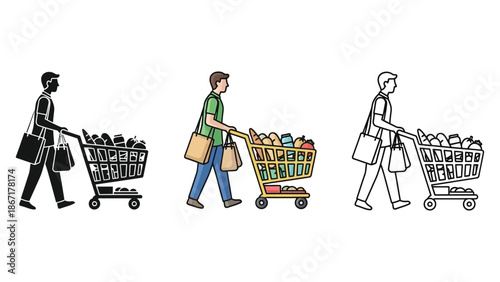 Man pushing a full grocery cart representing shopping and consumer lifestyle in three styles
