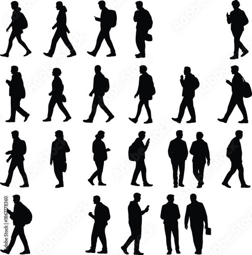 Walking people silhouette set men and women commuters with backpacks using smartphones urban pedestrians isolated on white background vector illustration