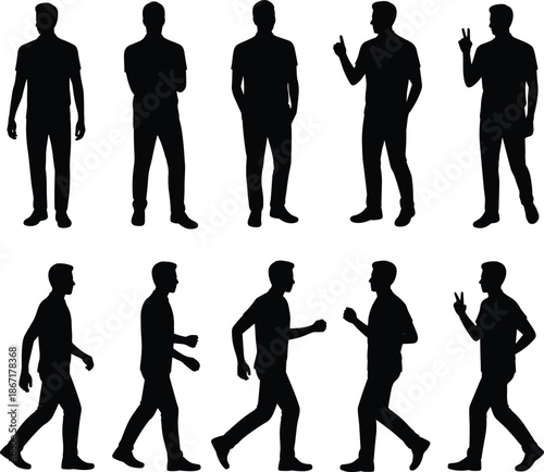 Male silhouettes collection, standing and walking men gestures, black human figures set, isolated on white background illustration