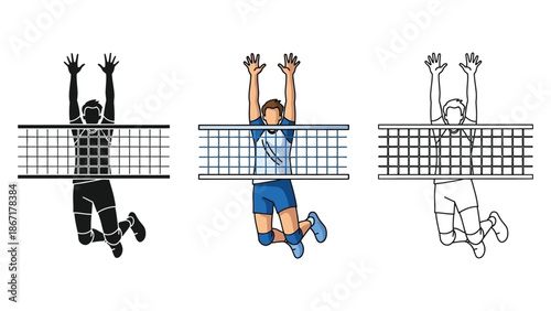 Volleyball player spiking the ball over the net in silhouette, color, and outline