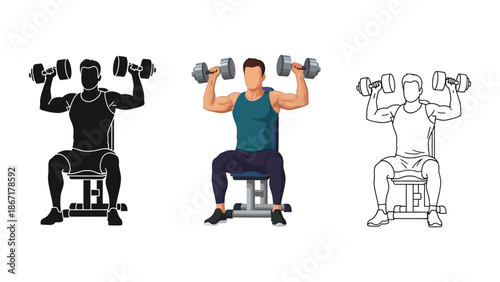 Man performing seated dumbbell shoulder press exercise in three styles