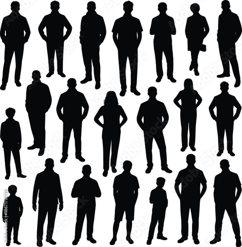 People silhouettes standing in various poses, men women and children human figures collection, realistic crowd shapes isolated on white background