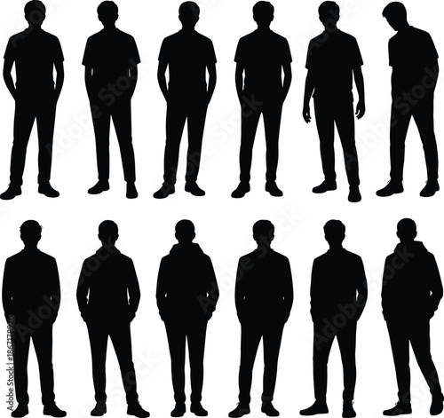 silhouette,male,person,standing,posing,casual,young,man,figure,black,shadow,isolated,people,posture,collection,modern,adult,white,background,graphic