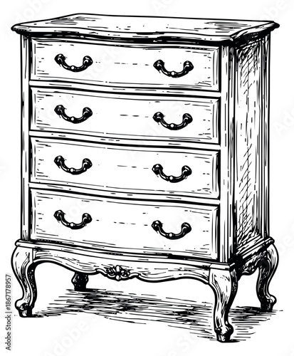 Hand drawn illustration of a chest of drawers depicting vintage design for home furnishing concepts