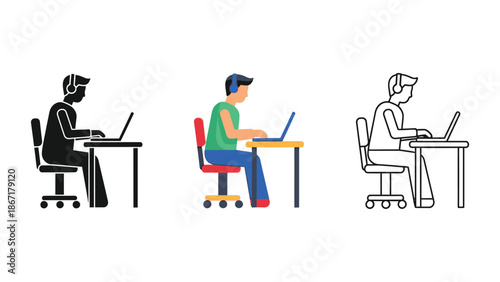 Student working on a laptop with headphones at a desk in three styles