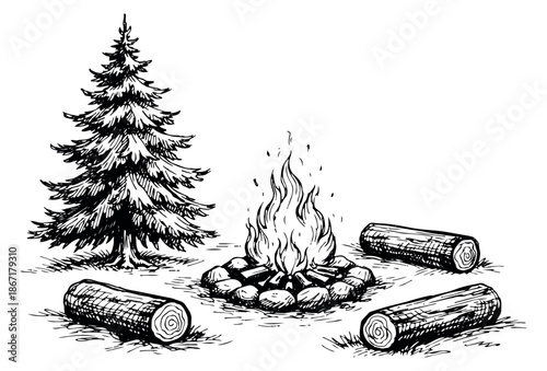 Hand drawn illustration of a campfire depicting a blazing fire with logs and a pine tree for a camping trip