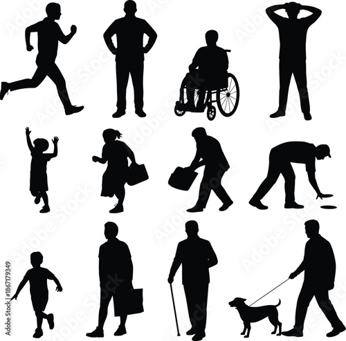 Human daily life silhouettes showing running stress work disability childhood aging and dog walking isolated black vector illustration