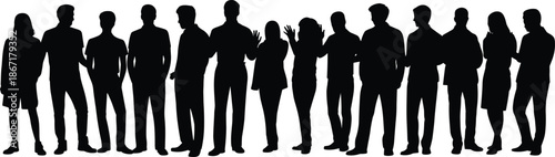 Group of people silhouettes standing together, black vector illustration, social crowd concept, teamwork communication, diverse community, isolated white background