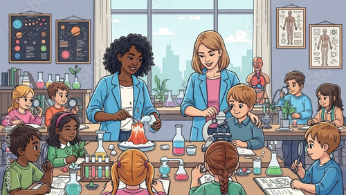 Two female teachers guiding students in a lively science classroom with experiments and educational posters with students learning and classroom activities