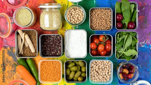 Diverse healthy food ingredients in meal prep containers on a vibrant