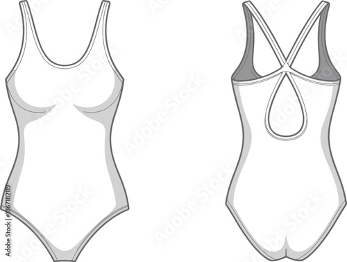 Front and back view women one piece swimsuit bodysuit vector outline illustration for swimwear fashion design and apparel projects