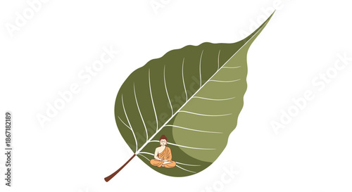 A serene illustration depicts the meditating Buddha seated peacefully beneath the protective shade of a large, verdant Bodhi leaf.