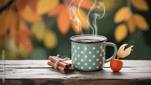 Steaming Coffee Mug with Cinnamon Sticks and Apple Slice