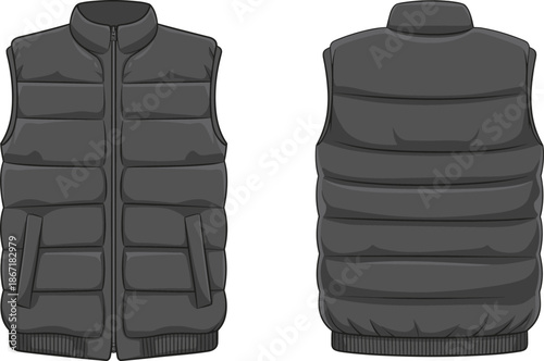 Front and back view technical fashion illustration of sleeveless padded vest jacket with zipper, modern winter outerwear design