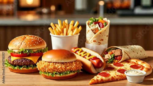 Variety of fast food with burgers, fries, hot dog, pizza, and wraps