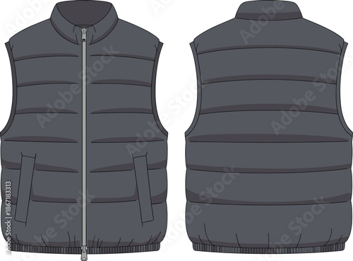 Front and back view technical fashion illustration of padded sleeveless puffer vest jacket with zipper modern winter outerwear design