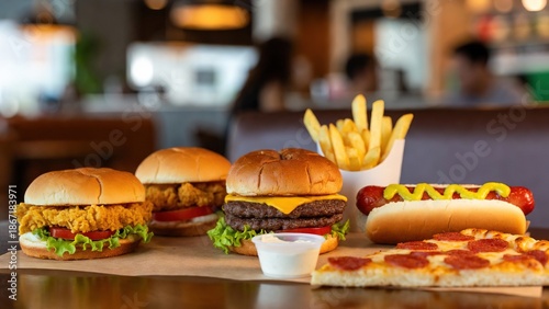 Assortment of classic fast food items displayed on a table in a restaurant