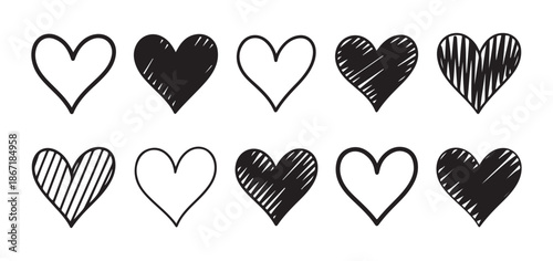 Variety of simplistic hand drawn heart icons demonstrating different hatching patterns scribble fill and simple outlines