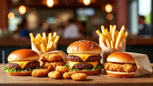 Assortment of classic fast food burgers, golden fries, and crispy chicken