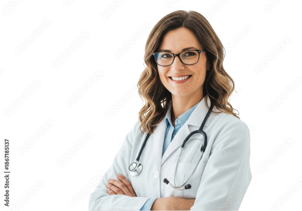 Fototapeta premium Smiling doctor woman with glasses isolated on transparent background