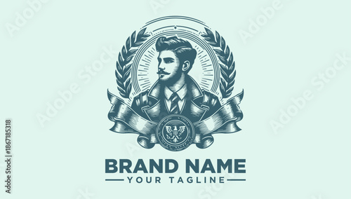 A vector logo illustration featuring a man's bust in a suit, surrounded by laurel wreaths and a shield emblem, with a banner for a brand name and tagline on a light green background.