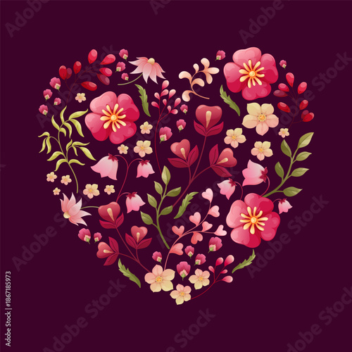 Heart shaped floral composition with blooming flowers, leaves, and branches on a dark background, creating an elegant and warm atmosphere. Perfect for Valentine themes, love cards, wedding designs