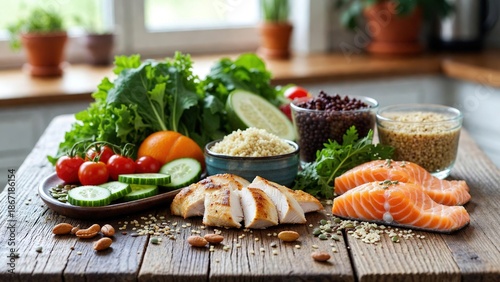 Nutritious spread of chicken, salmon, fresh vegetables, and grains