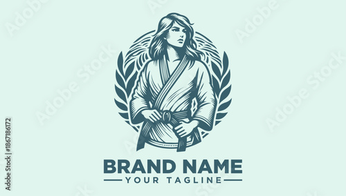 A vector illustration of a woman in a robe holding a belt, surrounded by laurel leaves and a circular design on a light green background with a logo and brand name placeholder.