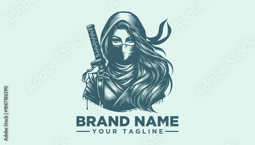 A vector illustration of a hooded female ninja holding a sword with a logo and text space for brand name and tagline on a light green background.
