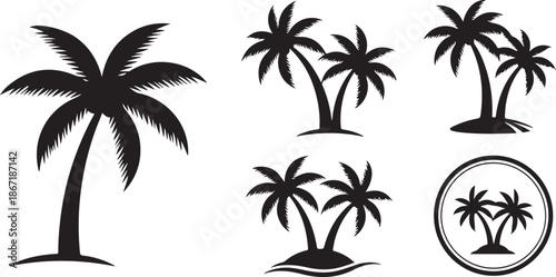 Tropical palm tree vector collection. Black silhouette icons of coconut trees for summer, beach, and nature design concepts isolated on white background.