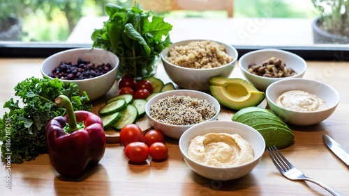 Fresh and colorful healthy food ingredients on a light wooden table