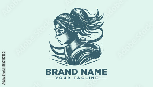 A stylized illustration of a woman's head with flowing hair and a mask, accompanied by a brand name and tagline on a light green background, featuring a vector logo design with a pictogram