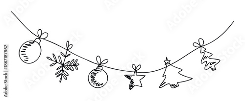 Minimalist black outline drawing of various Christmas ornaments like baubles, snowflakes, and trees hanging on a festive garland, perfect for holiday season greetings and event promotions.