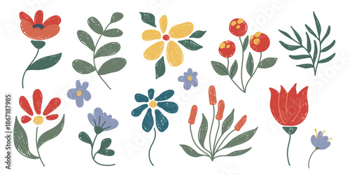 Crayon doodle flowers set isolated on white. Vector illustration of cute hand drawn pastel plants, bright color flowers design, botanical garden or wildflower field elements, greeting card decoration