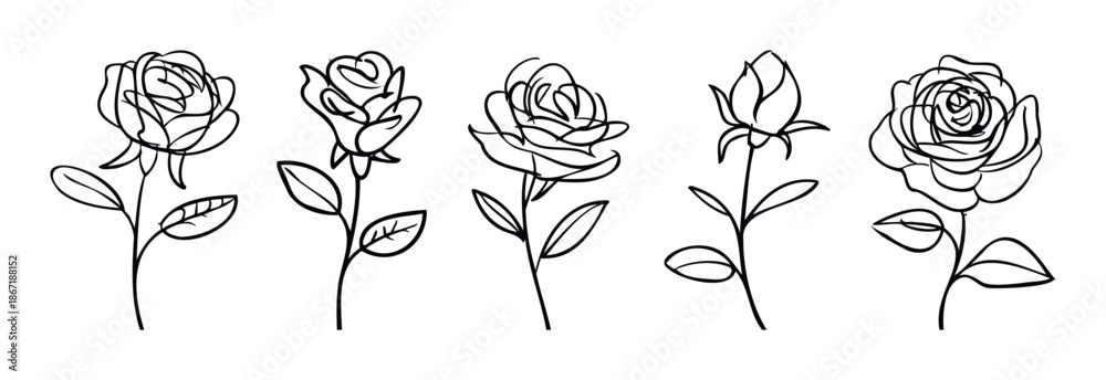 Obraz premium A collection of elegant line drawn rose flower illustrations perfect for creating botanical logos, delicate icons, decorative prints, and charming wedding stationery.
