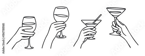 A collection of human hands elegantly holding various drink glasses including champagne, wine, martini, and other cocktails, perfect for celebrating parties, special occasions, and
